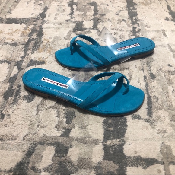 New Manolo Blahnik Blue Teal Susina Crisscross Toe-Strap Flat Sandals Size 37 - Picture 5 of 12